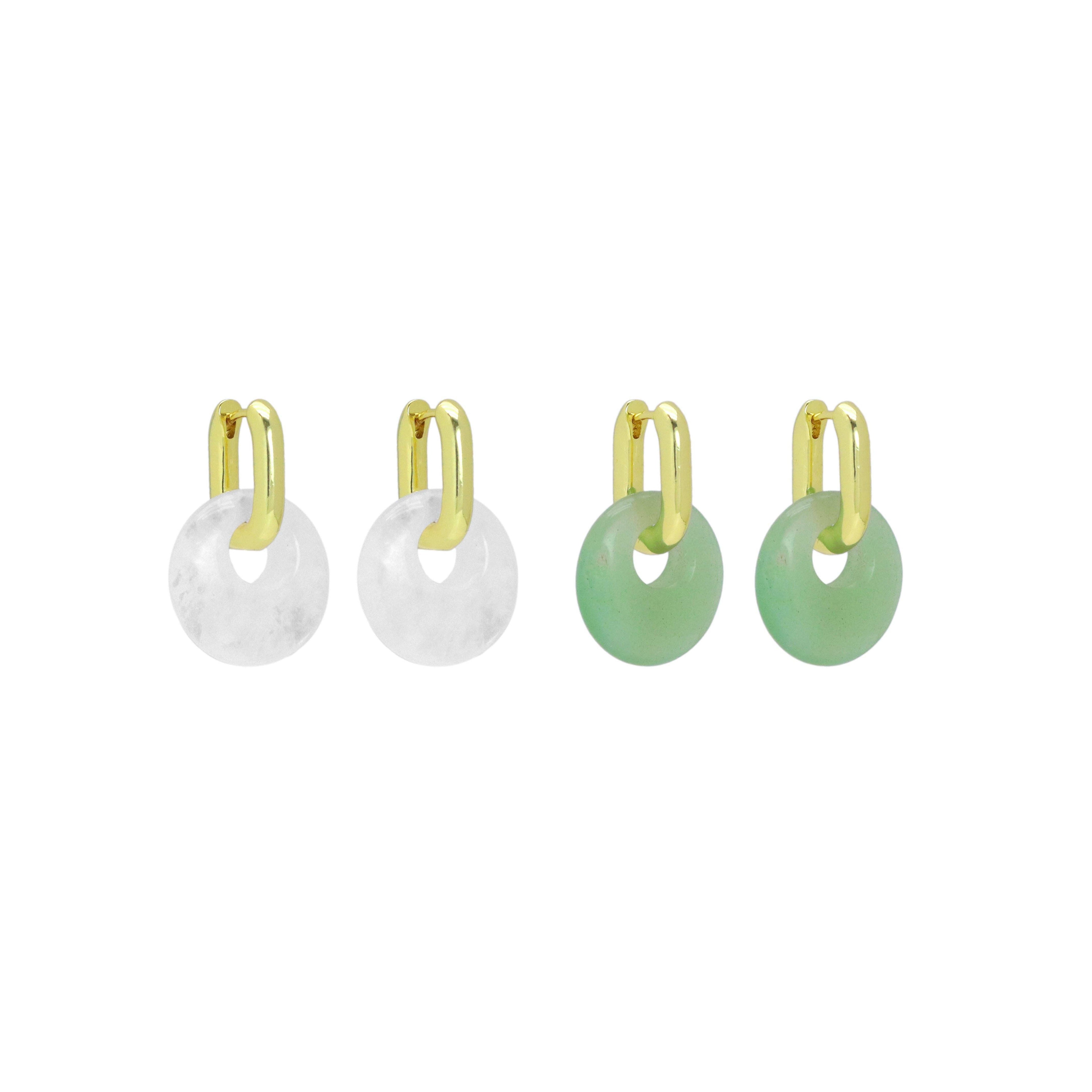 White Quartz Green Jade Donut Shape Gemstone Earrings, Sku#Y1040