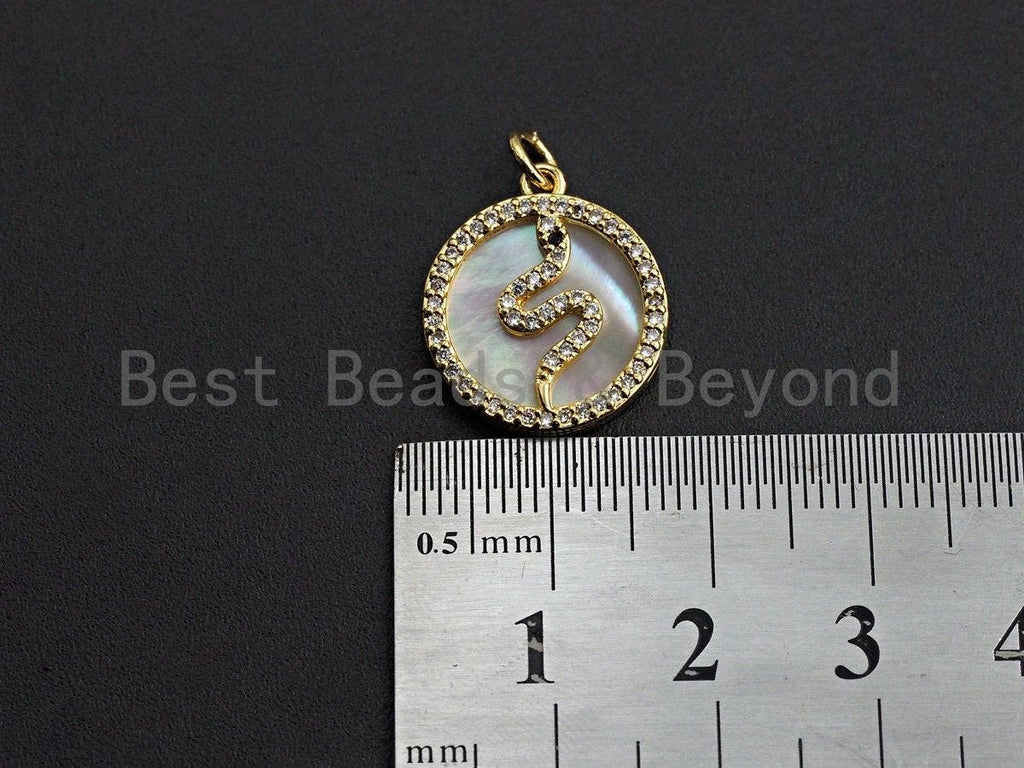 Clear CZ Micro Pave Snake Shape on Mother-of-pearl Pendant Charm, Cubic Zirconia Charm, 16x18mm,sku#Z848