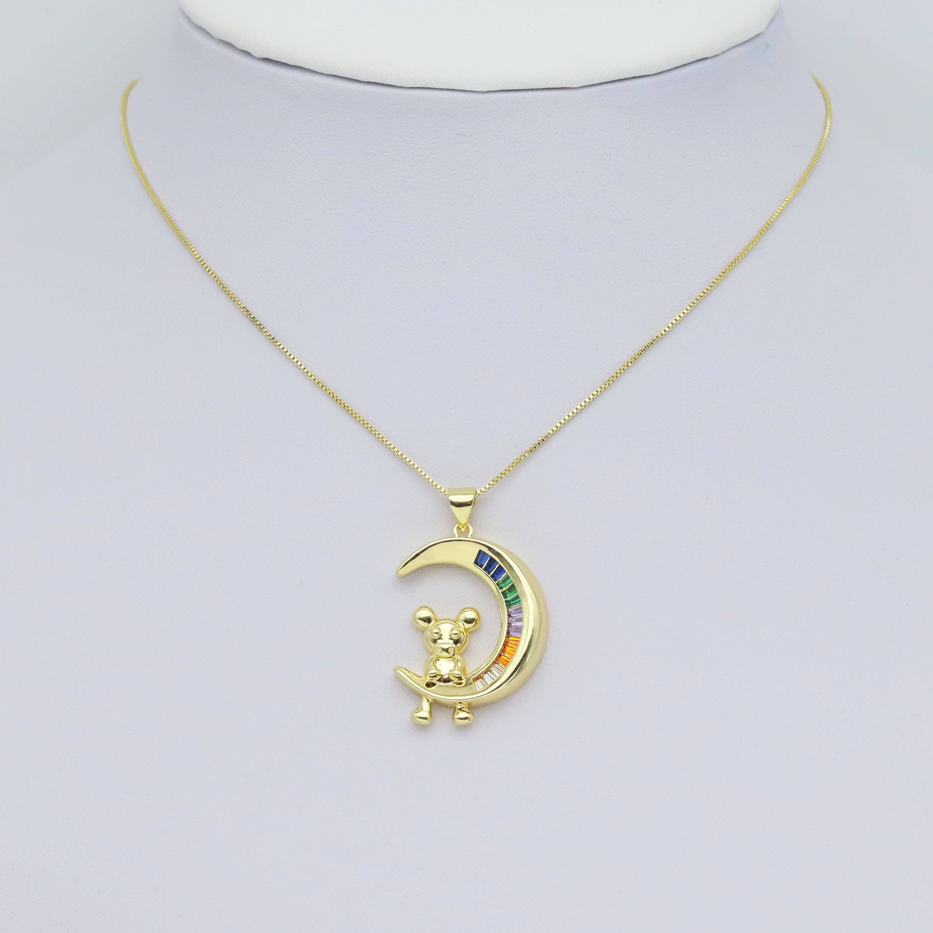 Colorful Baguette CZ Pave Teddy Bear on Cresent Moon Pendant