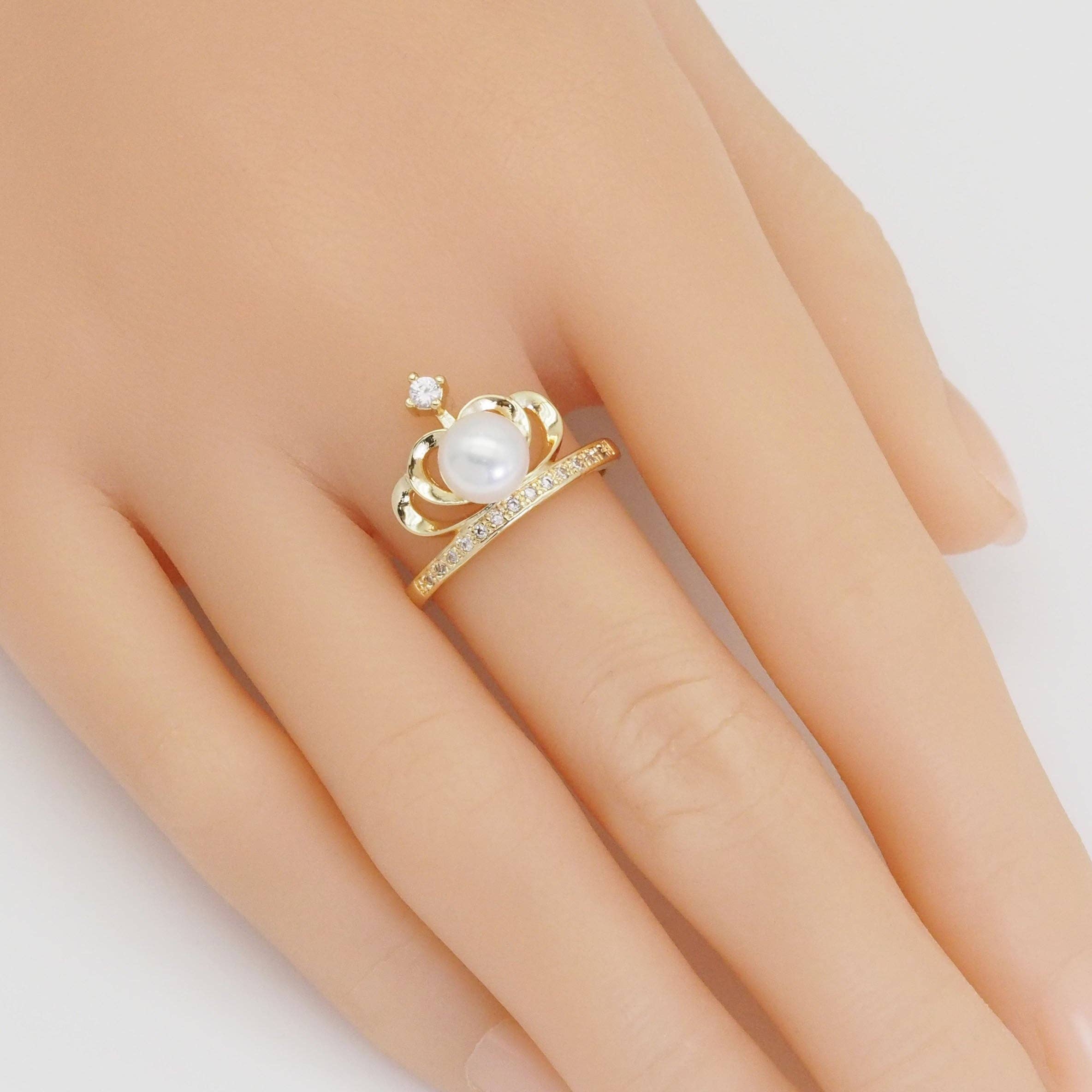 CZ Gold White Pearl Crown Adjustable Ring, Sku#ZX152