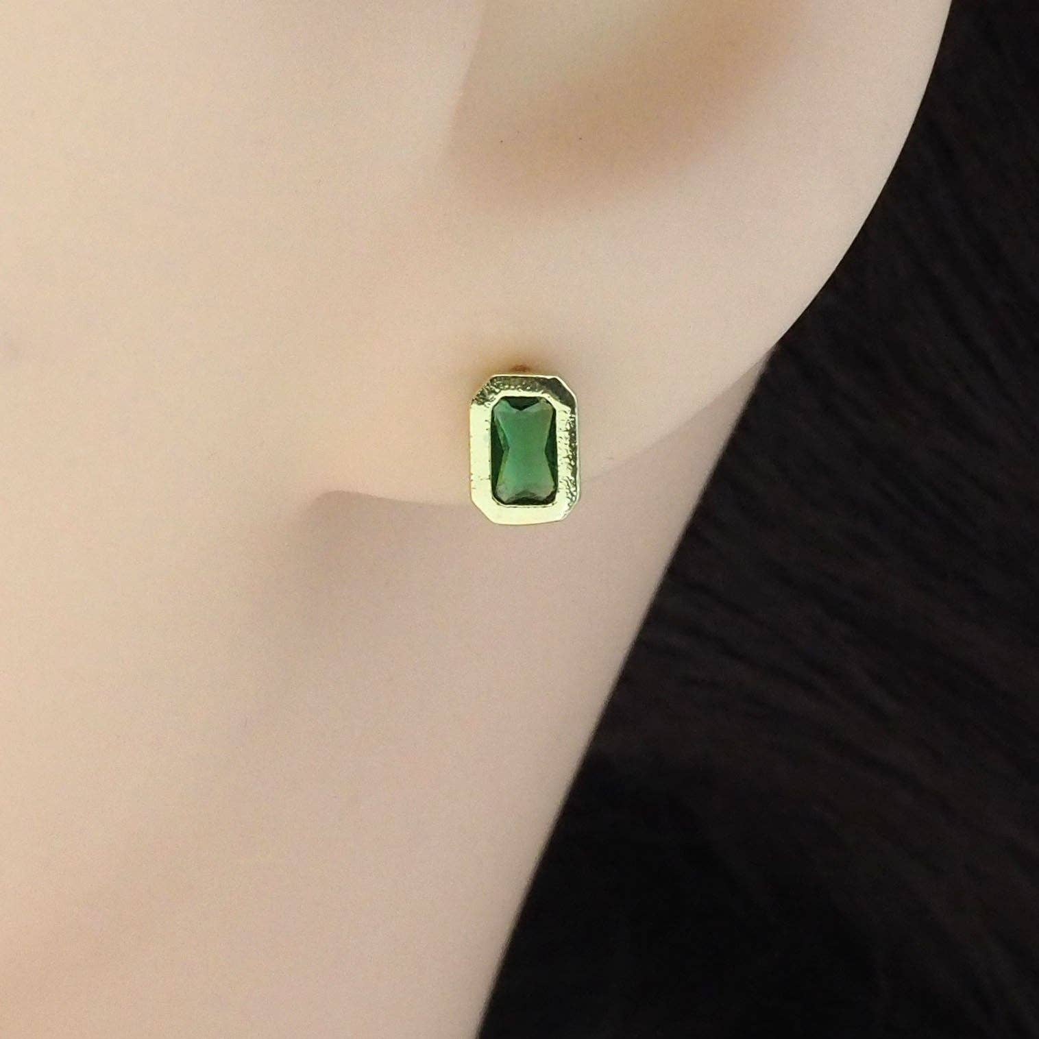 Gold Clear/ Green Rectangle CZ Stud Earrings, Sku#Y843