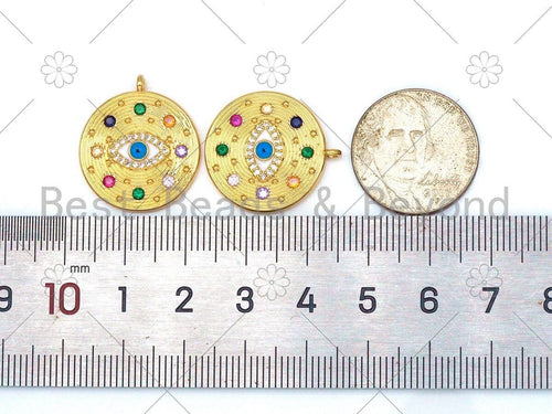 Colorful CZ Micro Pave Evil Eye On Round Coin Shape Pendant,18K Gold Filled Medallion Charm, Necklace Bracelet Charm,20x23mm,Sku#Y489
