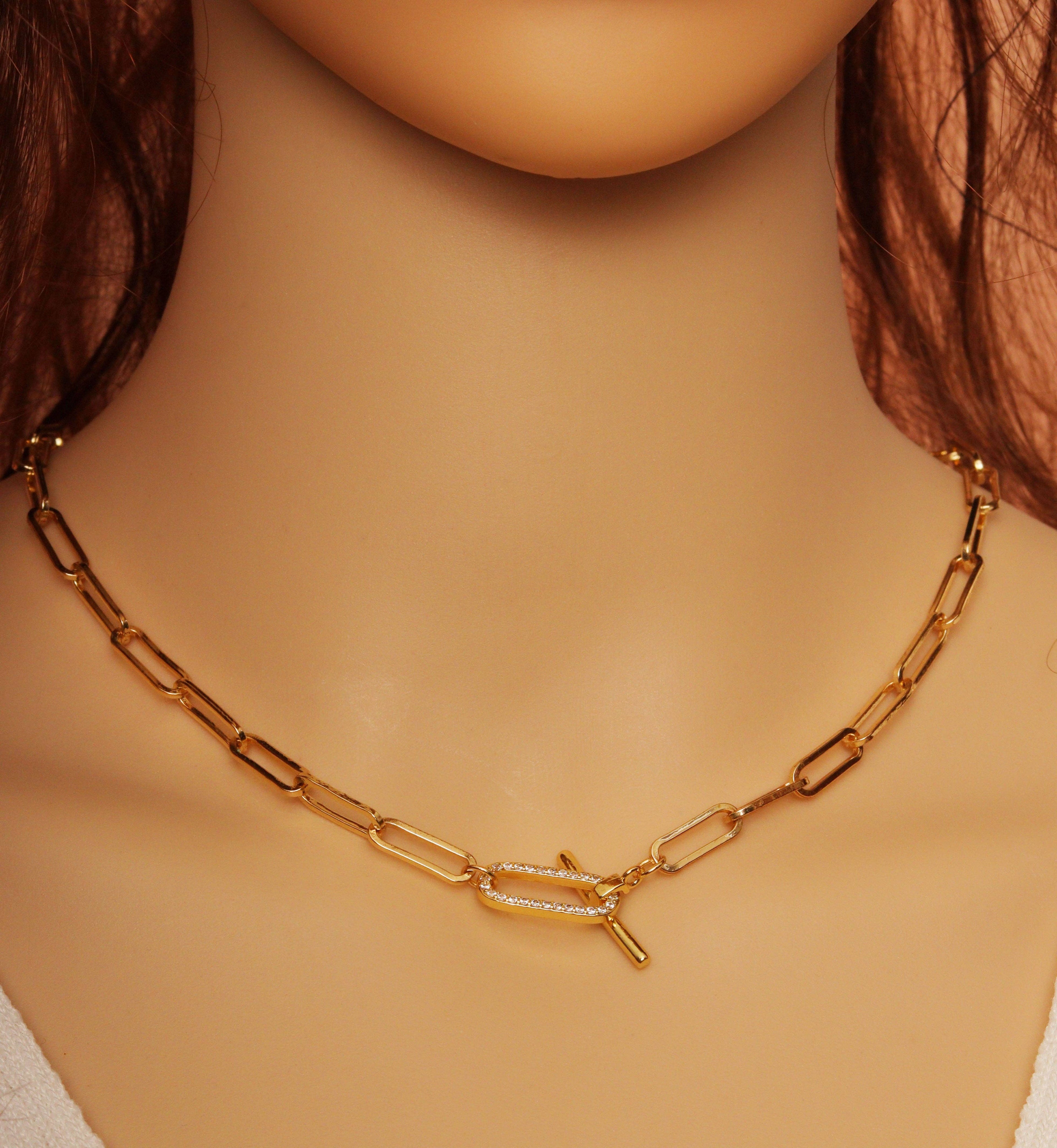 Paperclip Chain Necklace Bracelet with CZ Toggle