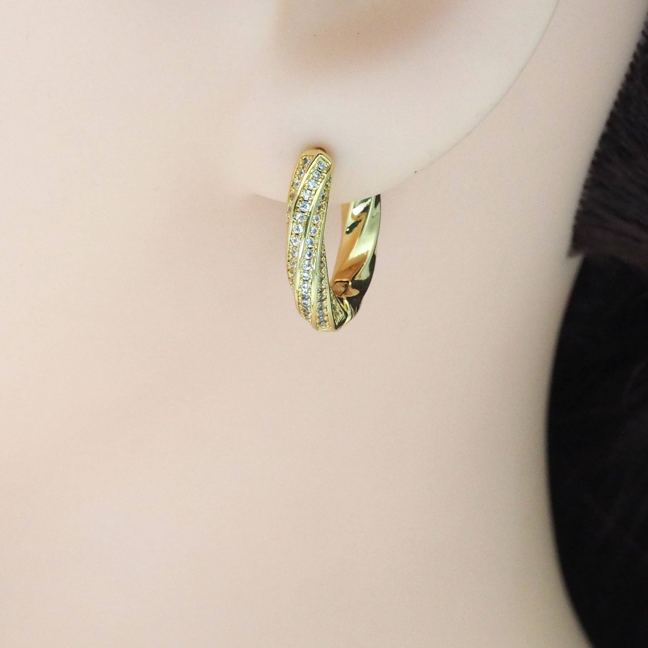 High Quality Gold Twisted CZ Hoop Earrings, Sku#Y850