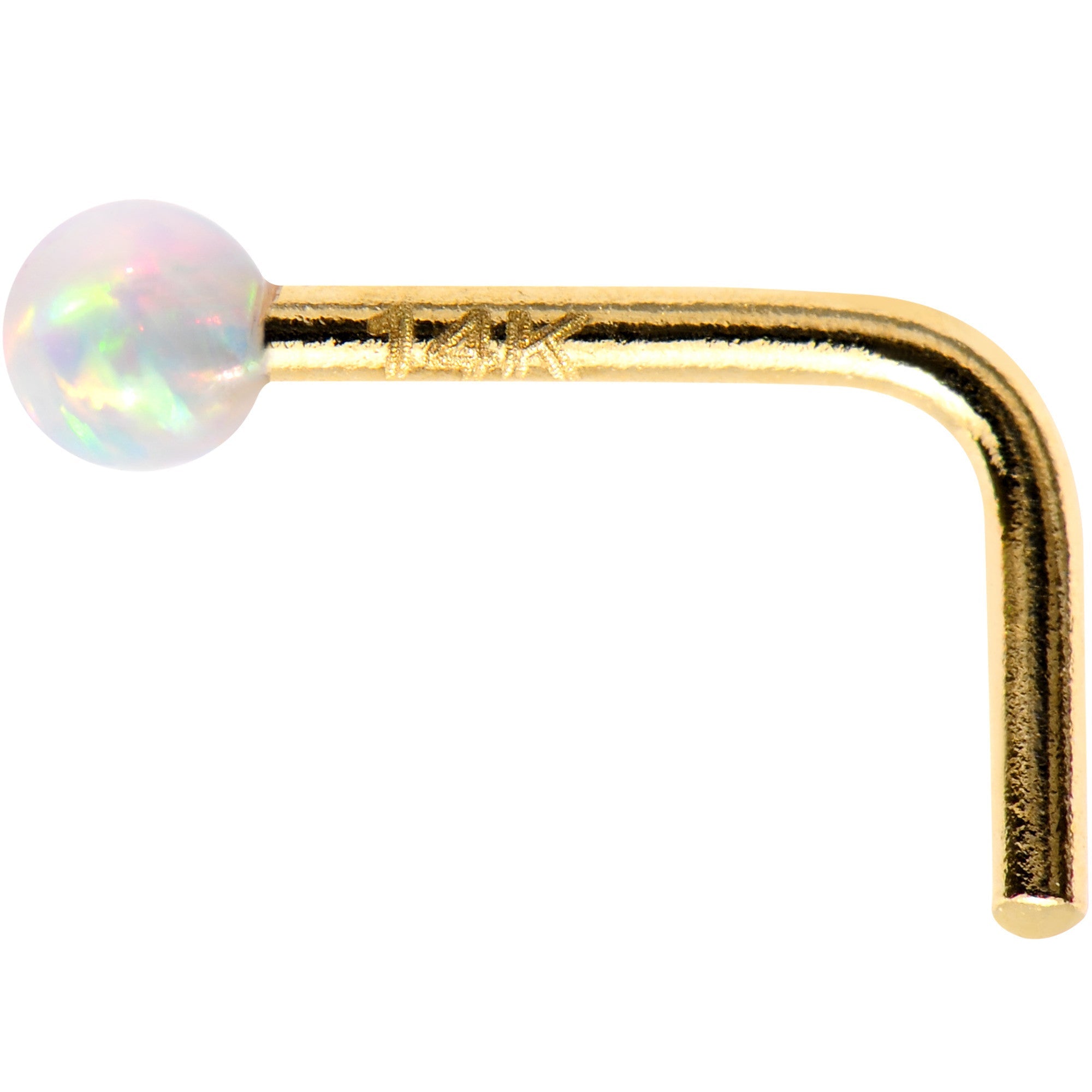 1/4 14k Yellow Gold White 2mm Synthetic Opal Ball L Shaped Nose Ring