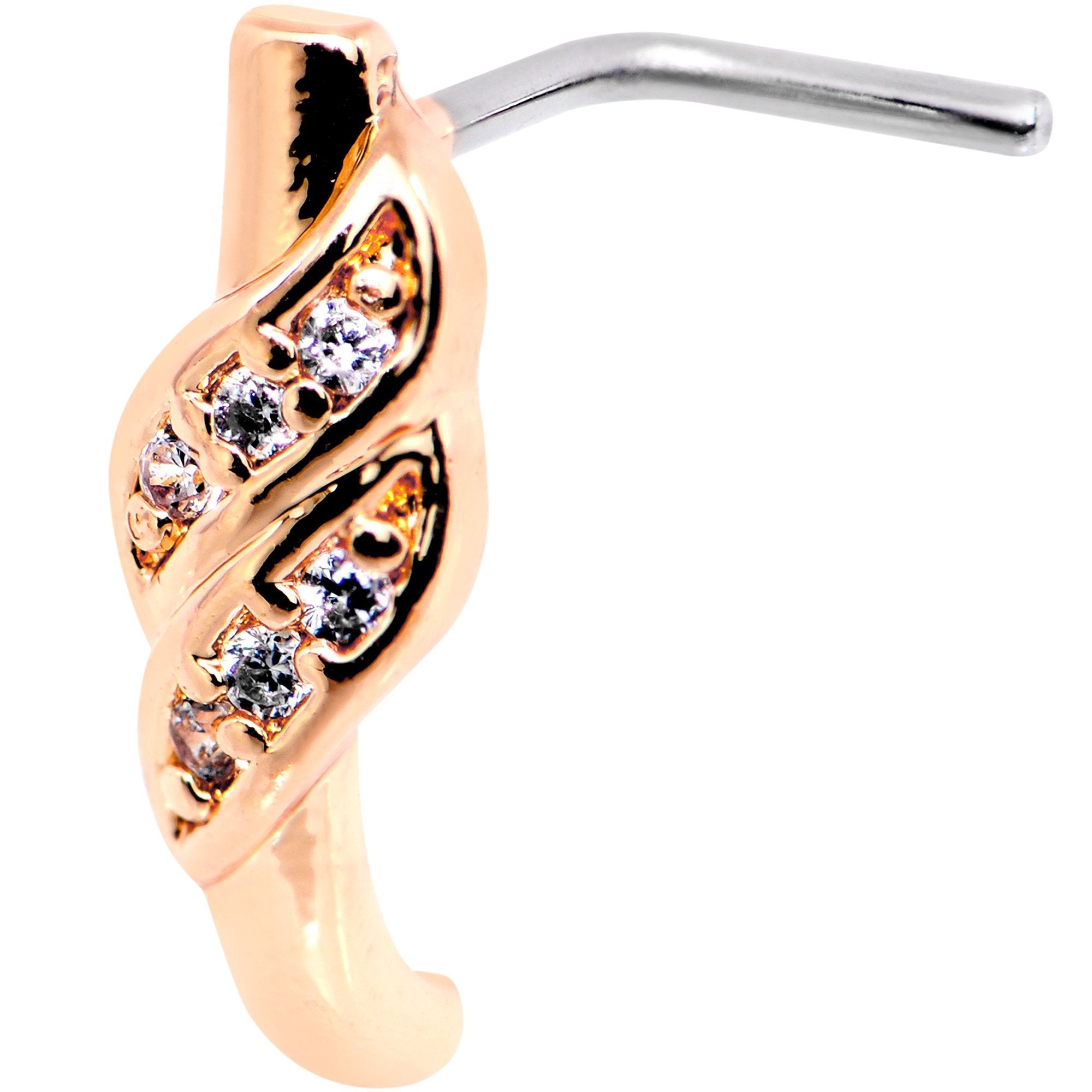20G Clear CZ Rose Gold Tone Swish Faux Hoop L Shaped Nose Ring