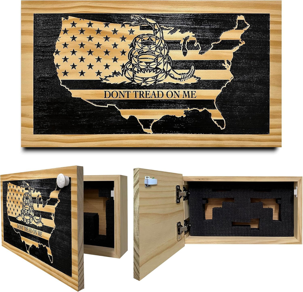 Dont Tread on Me Concealment Shelf - Quick Access Patriotic Hidden Gun Storage with Magnetic Lock - Safe & Secure Gun Concealment Furniture (Union)