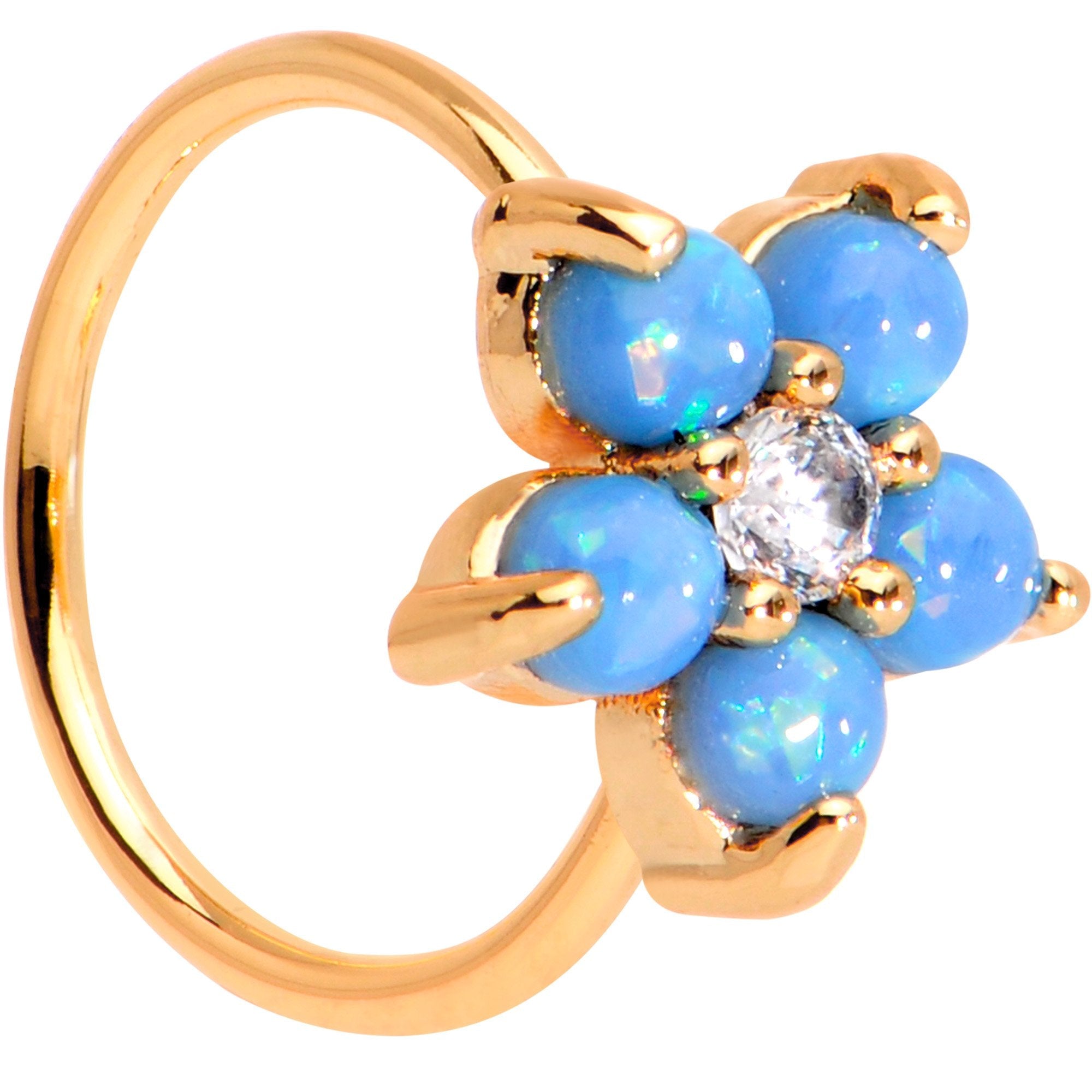 20G Clear CZ Aqua Faux Opal Rose Gold Tone Flower Circular Ring